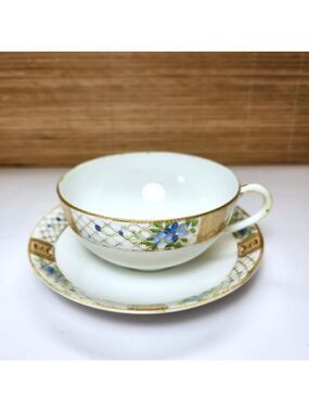 Nippon Teacup and Saucer Set Vintage Hand Painted Blue Flowers Gold Trim